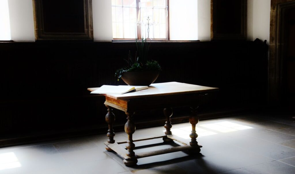 A última das liberdades humanas -página de um livro clássico, uma mesa de madeira escura com luz de janela incidindo, ou um detalhe arquitetônico minimalista com sombras marcadas